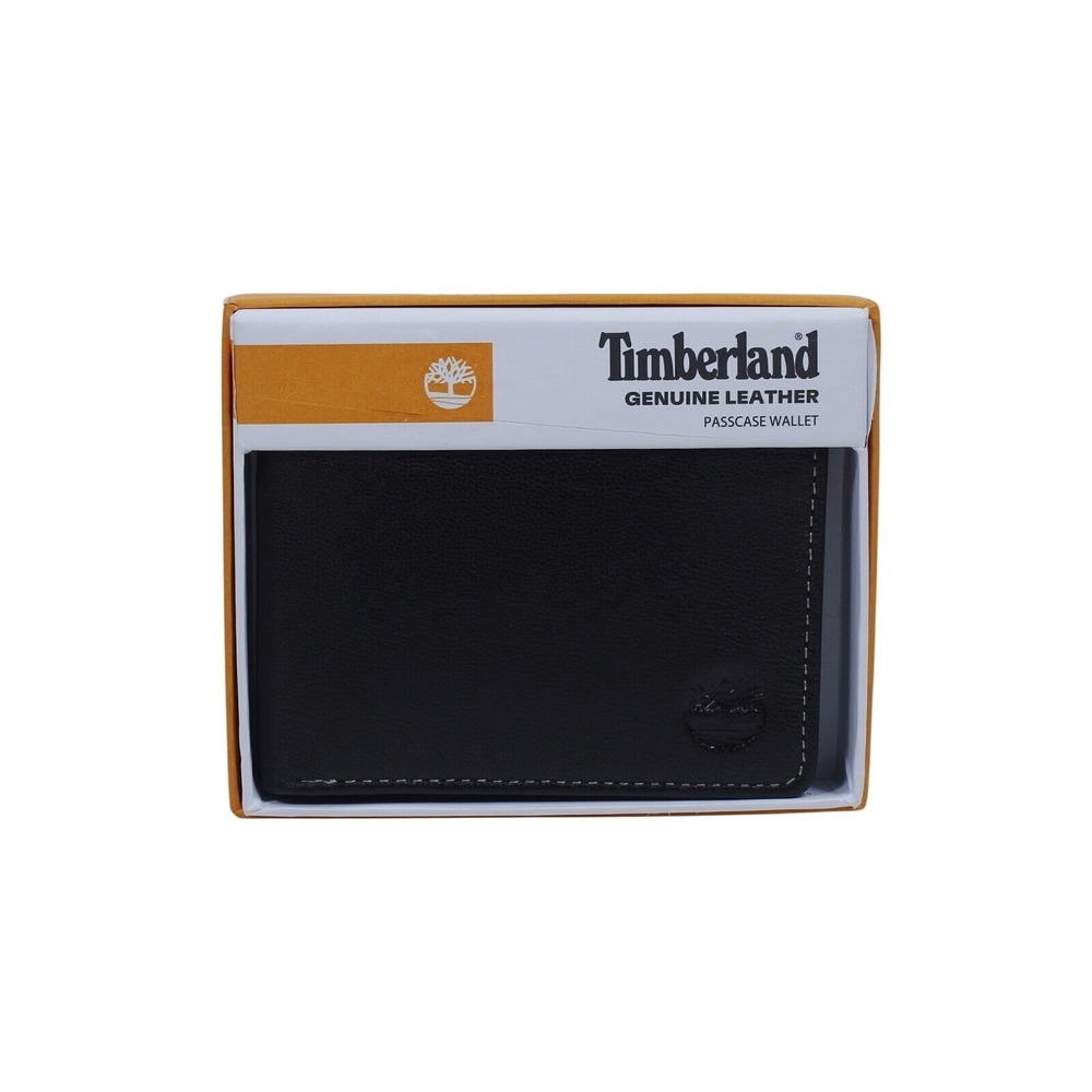 Timberland Men's Black Genuine Leather Bifold Passcase Wallet Dual ID Window NIB